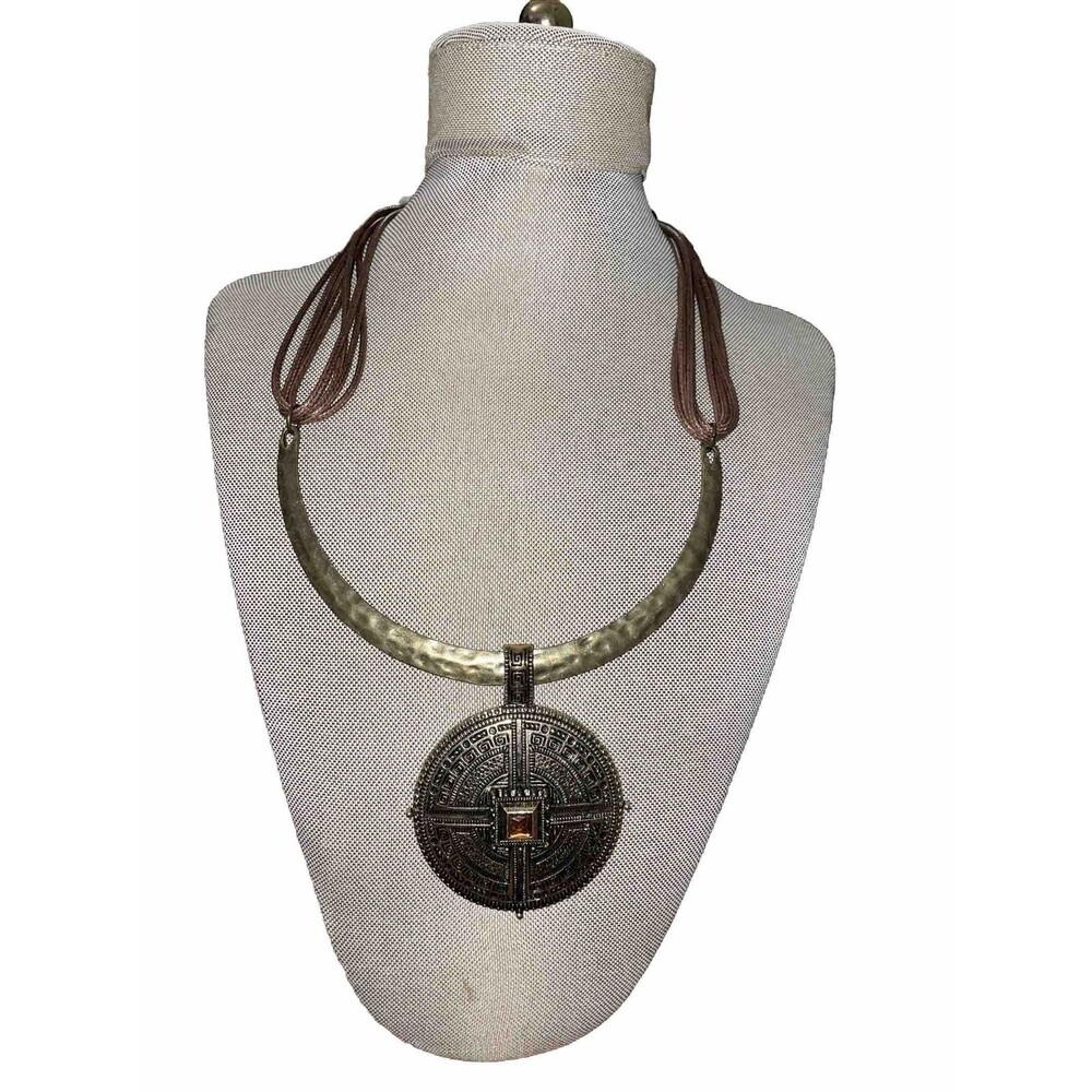 Vintage Tribal Statement Collar Necklace Aztec Disc Pendant Amber Stone Gold Ton